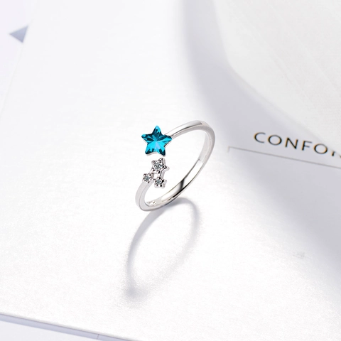 Korean Style Copper Rhinestone Star Open Ring For Women Blue Star Gemstone Adjustable Finger Ring Romantic Jewelry Gift