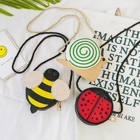 Kids Cartoon Animal Crossbody Bag Bee Ladybug Snail Pattern PU Leather Mini Shoulder Purse For Baby Girls Cute Style