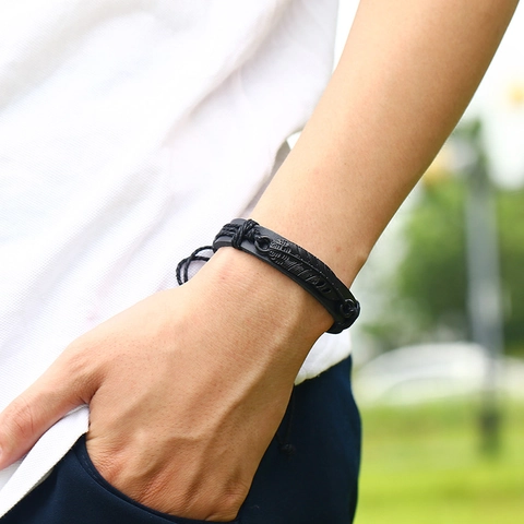 Braided PU Leather Bracelet Alloy Feather Pendant Adjustable Vintage Punk Style Wristband Unisex Jewelry