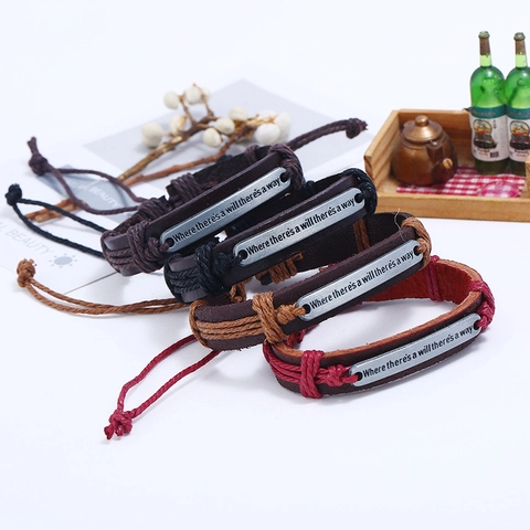 Bracciale In Pelle Intrecciata Vintage Con Targhetta In Lega Incisa Citazione Motivazionale Corda Di Canapa Regolabile Punk Uomo Donna