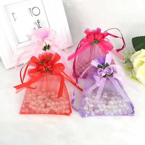 Organza Gift Bags Drawstring Ribbon Rose Flower Jewelry Packaging Wedding Candy Transparent Mesh Pouches