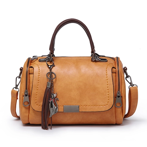 Retro Boston Crossbodytas Dames PU Leer Kwastje Kattenhanger Meerdere Zakken Handtas Dubbele Rits Schoudertas