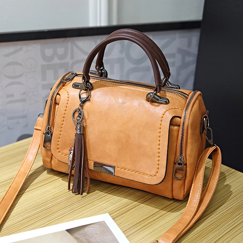 Retro Boston Crossbodytas Dames PU Leer Kwastje Kattenhanger Meerdere Zakken Handtas Dubbele Rits Schoudertas