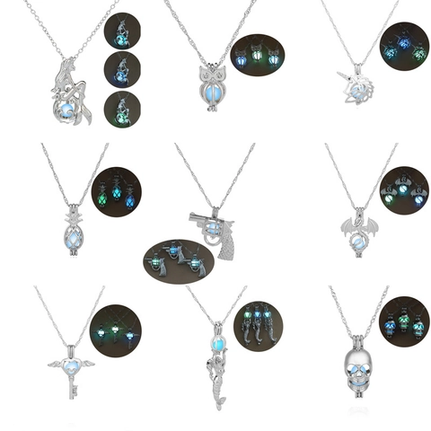 Collier Pendentif Cage Lumineux Brille Dans Le Noir Alliage Ouvrable Sirène Hibou Licorne Dragon Bijoux Halloween Femmes