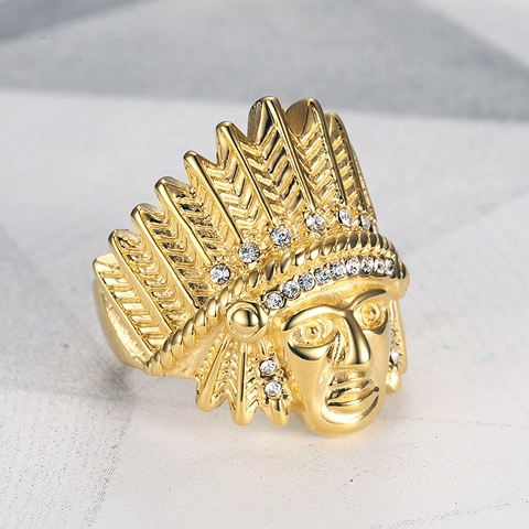 Indianer Häuptling Kopf Ring Gold Plattiert Edelstahl Weißer Zirkon Hip Hop Punk Vintage Stil Schmuck Für Männer