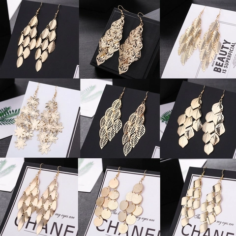 Long Dangle Earrings Multi-Layer Tassel Leaf Petal Geometric Alloy Metal Iron Earring Post Boho Vintage Style Women