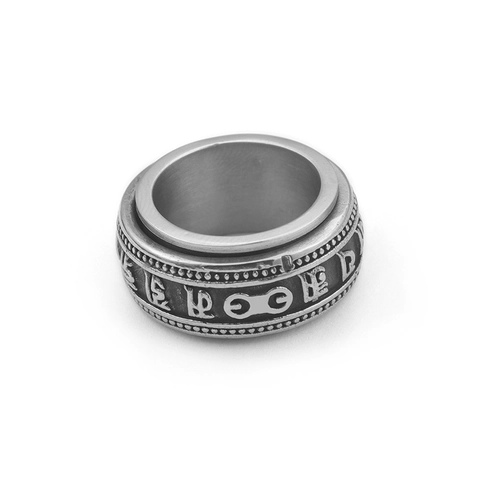 Vintage Stainless Steel Spinner Ring Six Character Mantra Buddhist Meditation Rotatable Band Jewelry For Men