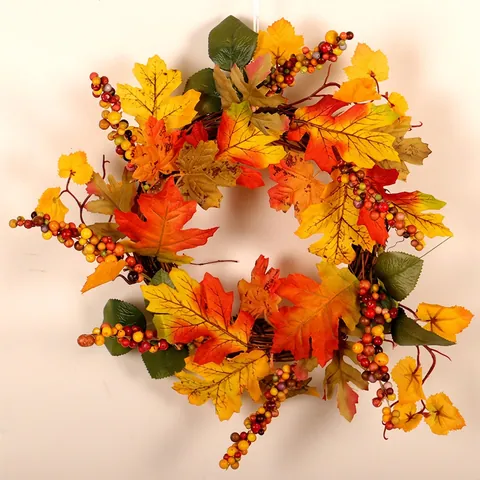 Fall Wreath Artificial Maple Leaves Berries Natural Rattan LED Lighted Front Door Thanksgiving Christmas Farmhouse Decor