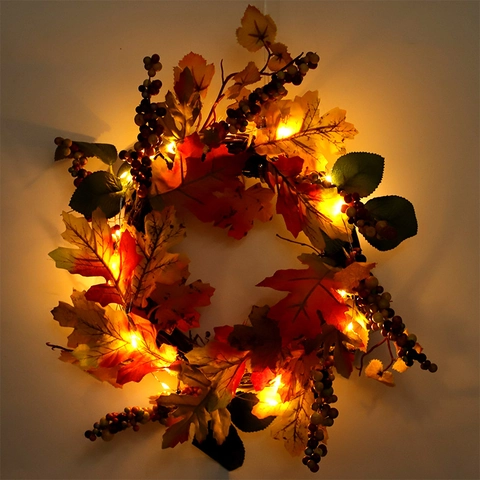 Fall Wreath Artificial Maple Leaves Berries Natural Rattan LED Lighted Front Door Thanksgiving Christmas Farmhouse Decor