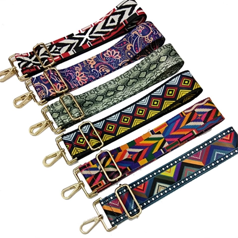 Wide Adjustable Replacement Bag Strap Woven Ethnic Pattern Geometric Print Metal Gold Buckle For Shoulder Crossbody Handbags