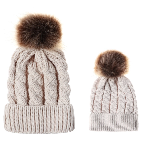 Eltern Kind Beanie Mützen Mit Kunstpelz Bommel Zopfmuster Winter Thermisch Warm Weiches Acryl