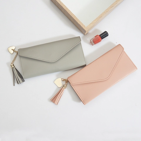 Women's Long Wallet PU Leather Envelope Flap Purse Heart Pendant Tassel Decor Multi Card Slots Fashion Clutch Handbag