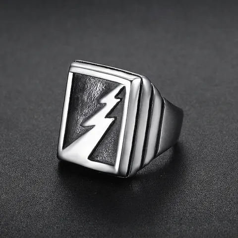 Lightning Bolt Square Signet Ring 316 Stainless Steel Vintage Punk Hip Hop Fashion Jewelry Cool Gift For Men