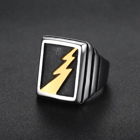 Lightning Bolt Square Signet Ring 316 Stainless Steel Vintage Punk Hip Hop Fashion Jewelry Cool Gift For Men