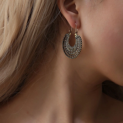Vintage Bohemian Hollow Out Carved Flower Earrings Alloy Ethnic Geometric Half Round With Steel Earring Post For Women