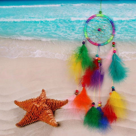 Handmade Dreamcatcher Woven Feather Iron Ring Wood Beads Wall Hanging Ornament Bohemian Home Bedroom Decorative Gift