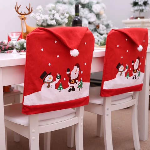 Christmas Chair Back Covers Non-Woven Fabric Cartoon Santa Claus Snowman Prints For Dining Room Holiday Party Decor