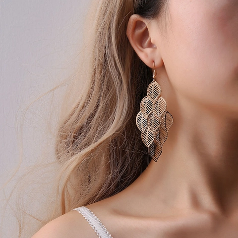 Alloy Hollow Multi-Layer Leaf Dangle Earrings Long Botanical Drop Earring Bohemian Style For Women Nature Inspired