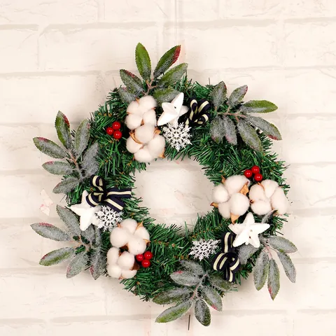 Künstlicher Weihnachtskranz Mit Baumwollkapseln Roten Beeren Kiefernadeln Dekorative Girlande Für Haustür Wand Deko