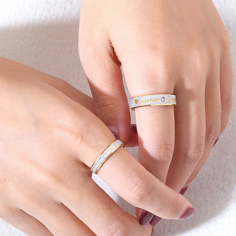 Stainless Steel Forever Love Heart Couple Ring Gold Silver Plated Rhinestone Inlaid Brushed Finish Wedding Band Jewelry