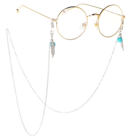 Eyeglass Chain Metal Turquoise Bead Feather Charm Anti Slip Sunglasses Strap Boho Ethnic Retro Style Holder Cord