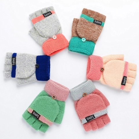 Women Knitted Flip Top Gloves Convertible Half Finger Mittens Warm Winter Color Block Soft Knit With Button For Outdoor