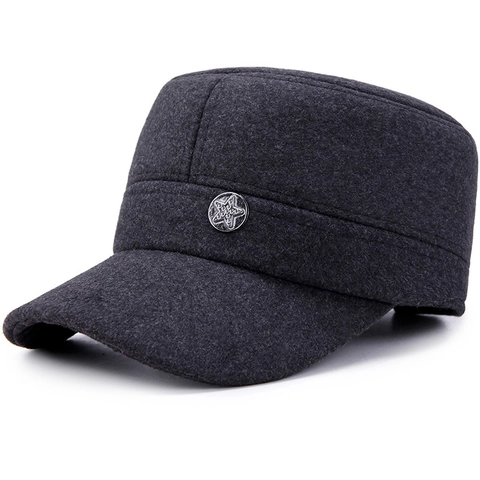 Gorra Militar De Lana Para Hombre Flat Top Cadet Cap Invierno Cálido Engrosado Con Insignia De Estrella De Metal Ajustable