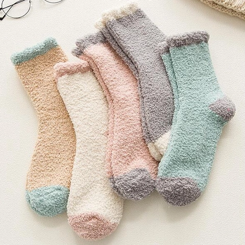 Damen Korallenfleece Schlafsocken Weich Flauschig Warm Verdickt Boden Haus Innen Mittelhoch Kontrastfarben Plüsch Komfort