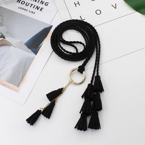 Women Braided Woven Belt Bohemian Tassel Waist Rope With Golden Alloy Ring For Dresses Versatile Fashion Accessories