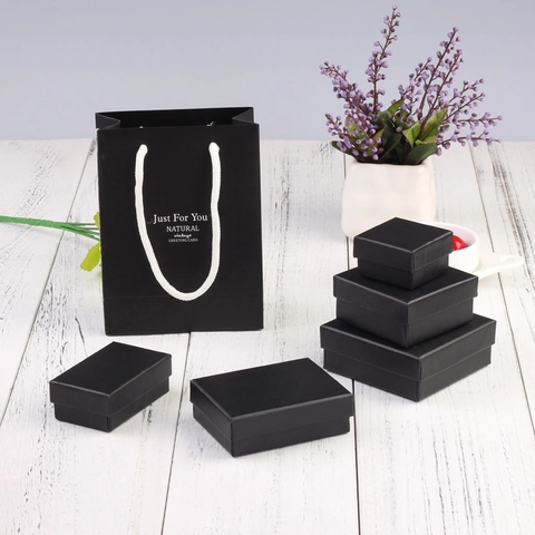 Set Scatole Portagioie in Cartone Nero Elegante Grana Lainey Collana Anello Orecchino Contenitore Confezione Regalo Con Spugna