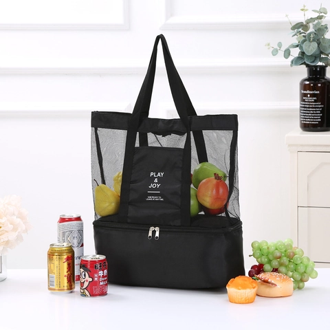 Insulated Picnic Bag Double Layer Mesh Beach Tote With Cooler Compartment For Outdoor Travel Thermal Lunch Storage