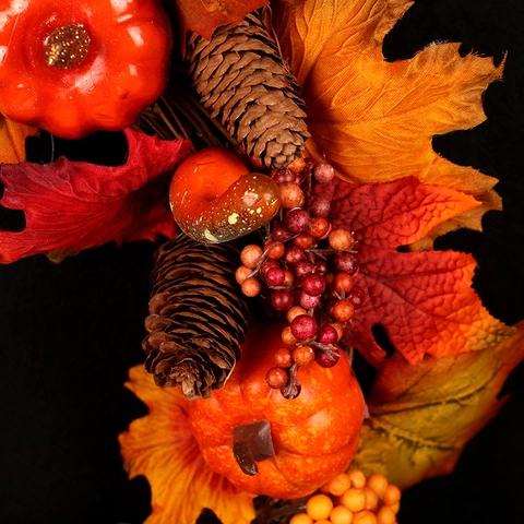 Autumn Maple Leaf Wreath Artificial Pumpkin Pine Cone Berry Thanksgiving Halloween Harvest Door Wall Decor Warm LED Light