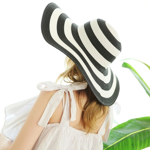 Women Wide Brim Straw Hat Striped Foldable Summer Sun Protection Beach Breathable Paper Woven