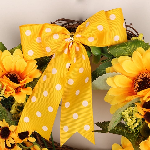 Künstlicher Sonnenblumenkranz Satinntuch Blume Tür Wandbehang Hochzeit Party Heimdekoration Mit Gepunkteter Schleife