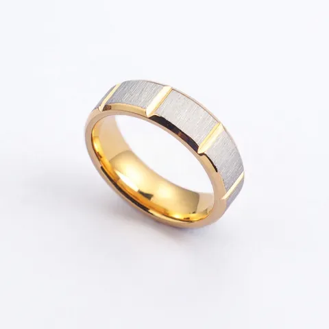 Anillo De Acero Inoxidable Para Hombre Superficie Cepillada Diseño Con Ranuras Dos Tonos Oro Acero Banda Minimalista
