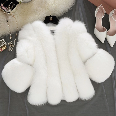 Women Faux Fur Coat Elegant Fluffy Artificial Fox Fur Short Jacket Three Quarter Sleeve Round Neck Commute Outerwear