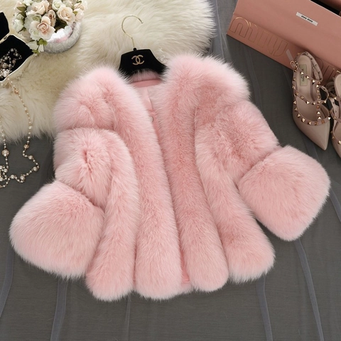 Women Faux Fur Coat Elegant Fluffy Artificial Fox Fur Short Jacket Three Quarter Sleeve Round Neck Commute Outerwear