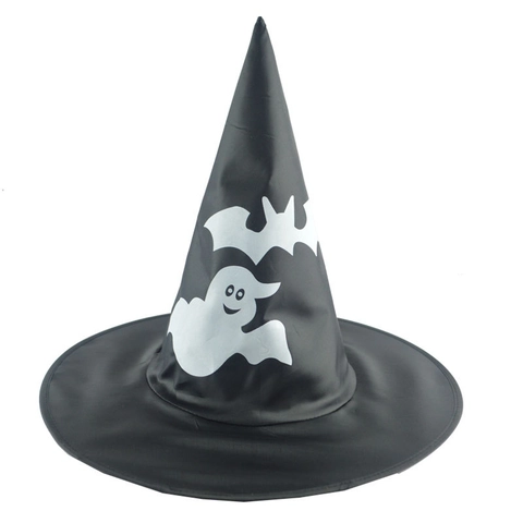 Halloween Witch Hat Wizard Pointed Cap Wide Brim Spider Web Ghost Skull Pattern Polyester Cosplay Costume Party Accessory