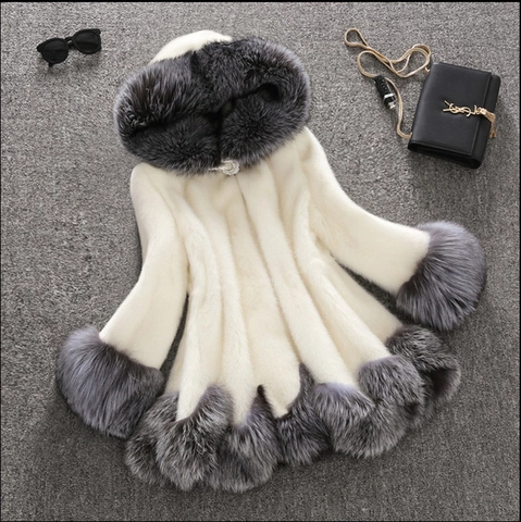 Women Faux Fur Coat Hooded Mid-length Contrast Color Thick Warm Winter Outerwear Elegant