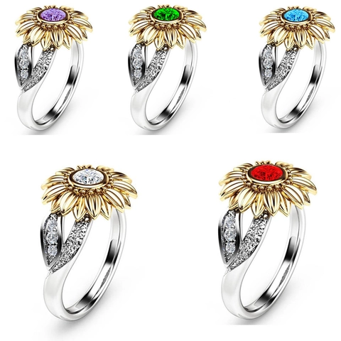 Sunflower Ring Two Tone Copper Zircon Floral Flower Jewelry Western Style Elegant For Women Party Gift