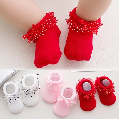Baby Girls Cotton Lace Ruffle Socks With Polka Dot Bow Princess Newborn Infants Toddlers Breathable