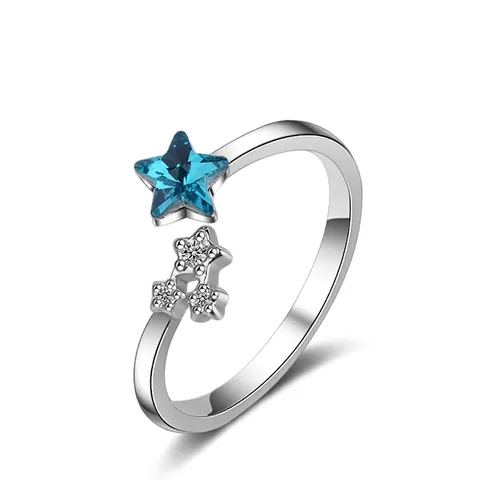 Korean Style Copper Rhinestone Star Open Ring For Women Blue Star Gemstone Adjustable Finger Ring Romantic Jewelry Gift