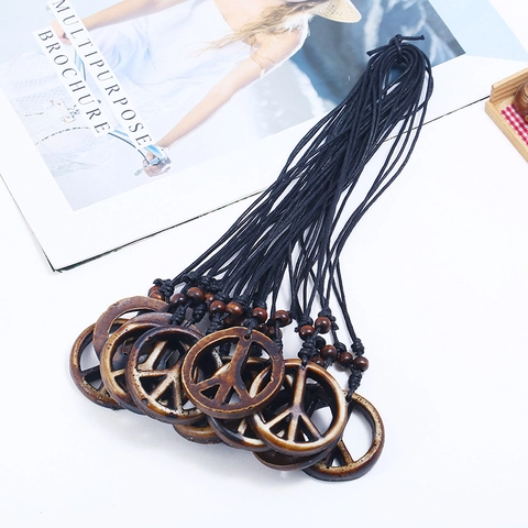 Peace Sign Pendant Necklace Retro Handmade Resin Wood Beads Adjustable Wax Cord Bohemian Ethnic Jewelry For Men