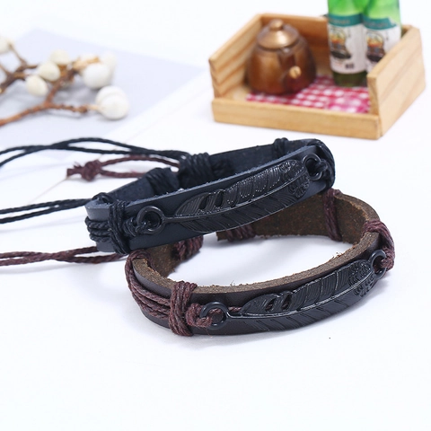 Braided PU Leather Bracelet Alloy Feather Pendant Adjustable Vintage Punk Style Wristband Unisex Jewelry