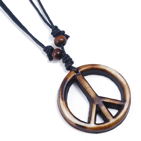 Peace Sign Pendant Necklace Retro Handmade Resin Wood Beads Adjustable Wax Cord Bohemian Ethnic Jewelry For Men