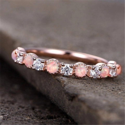 Fashion Women Half Eternity Ring Alloy Faux Opal Cubic Zirconia Rose Gold Plated Round Engagement Wedding Jewelry Dainty