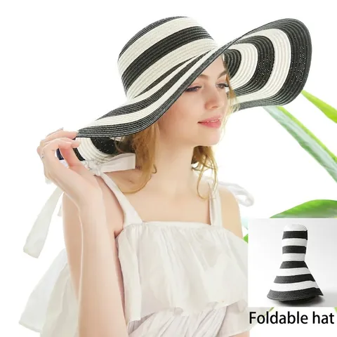 Women Wide Brim Straw Hat Striped Foldable Summer Sun Protection Beach Breathable Paper Woven