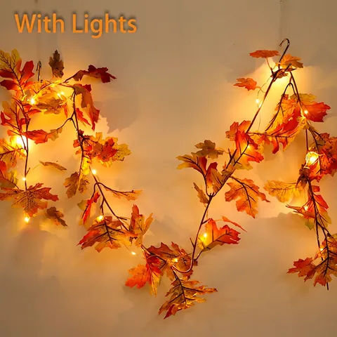 Künstliche Ahornblatt Girlande Herbst Thanksgiving Deko Hängende Rebe Satinnstoff LED Warmes Licht Haus Party Dekoration