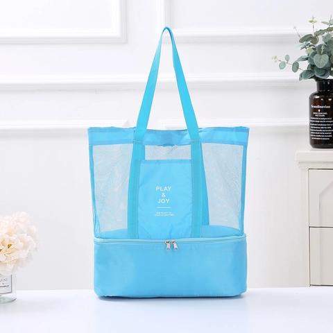Insulated Picnic Bag Double Layer Mesh Beach Tote With Cooler Compartment For Outdoor Travel Thermal Lunch Storage