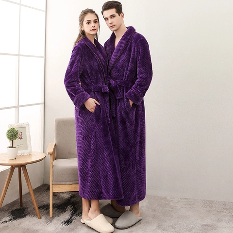 Couple Long Bathrobe Thickened Flannel Pineapple Grid Warm Sleepwear Robe With Belt For Men And Women